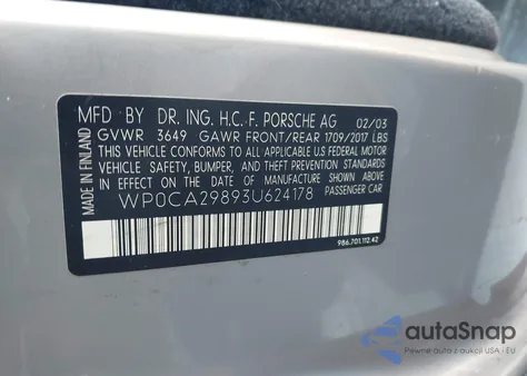 2003 Porsche Boxster from USA, damaged, VIN WP0CA29893U624178